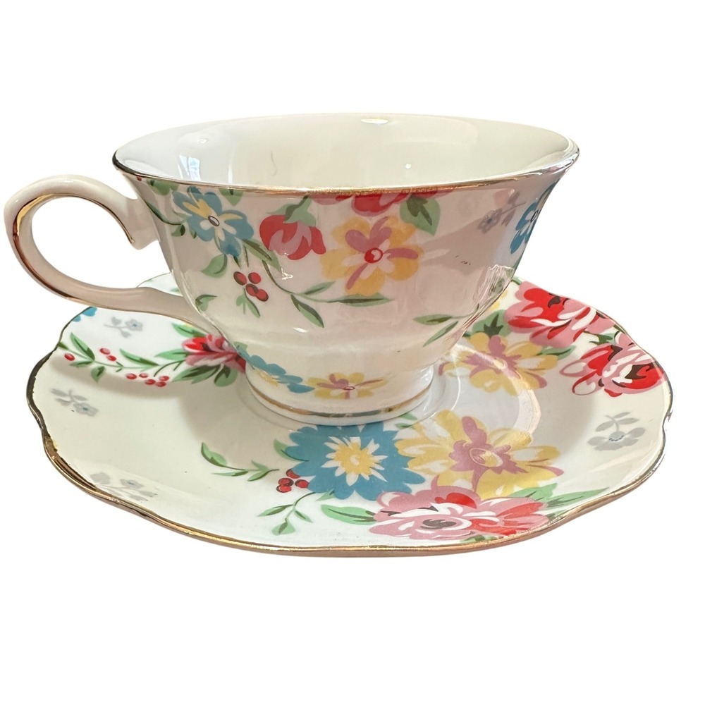 Grace Teaware Floral‎ Teacup Saucer Set Gold Trim Vintage Style Bone China